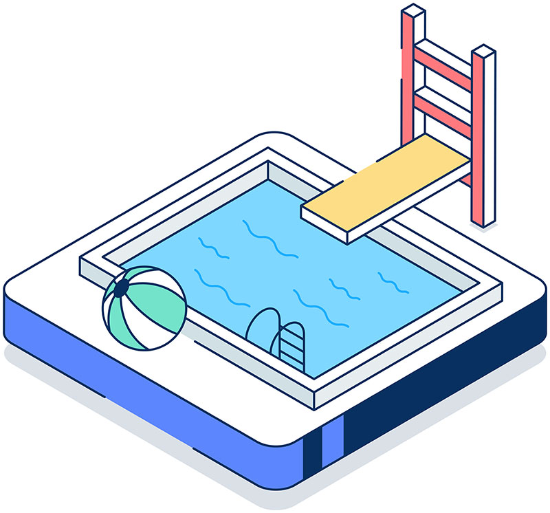 An illustration of a pool with a diving board, ladder, and beach ball