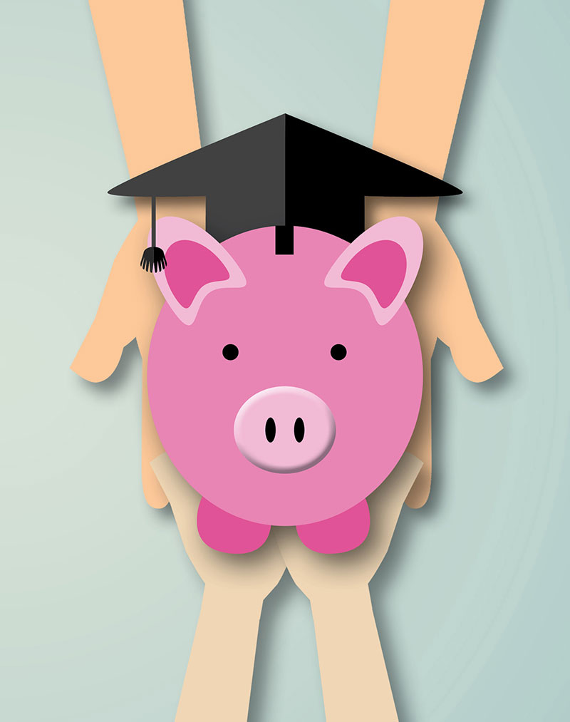 An illustration of two pairs of hands holding a pink piggy bank wearing a graduation cap