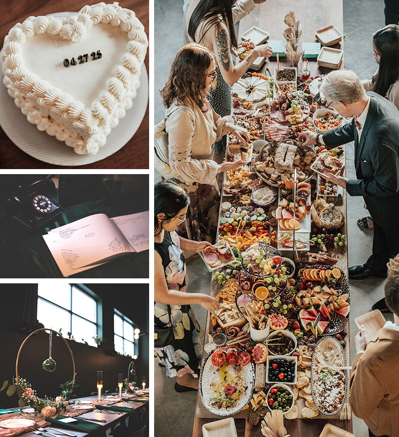 At Lytle Auditorium: photos of a grazing table, a simple heart-shaped wedding cake, a rotary phone guestbook, and the decorated wedding party table.