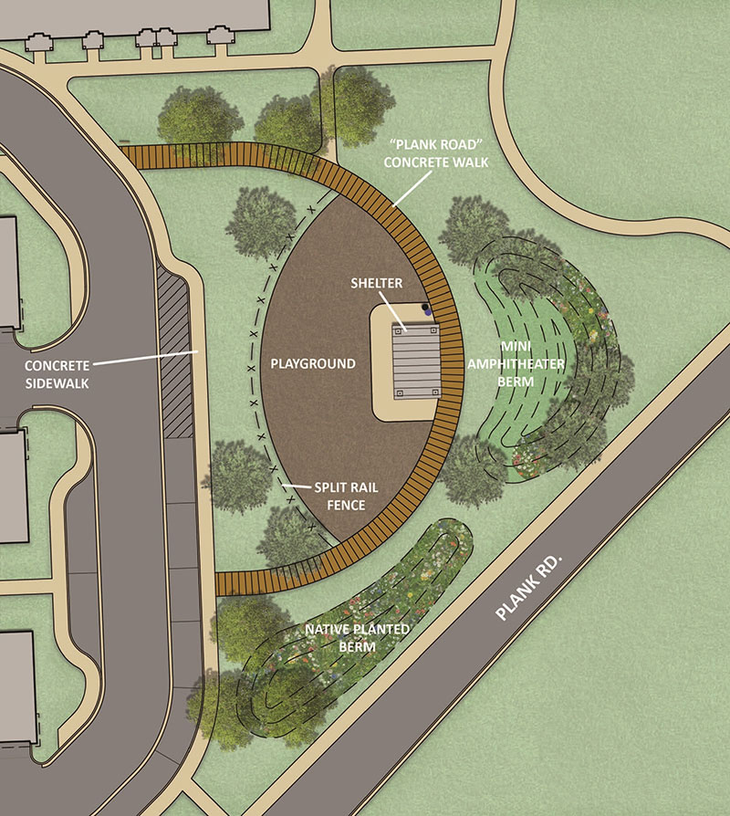A map drawing of the upcoming Plank Road Park
