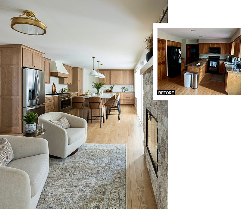 Details of the original kitchen, and details of the new kitchen layout in the Naperville home