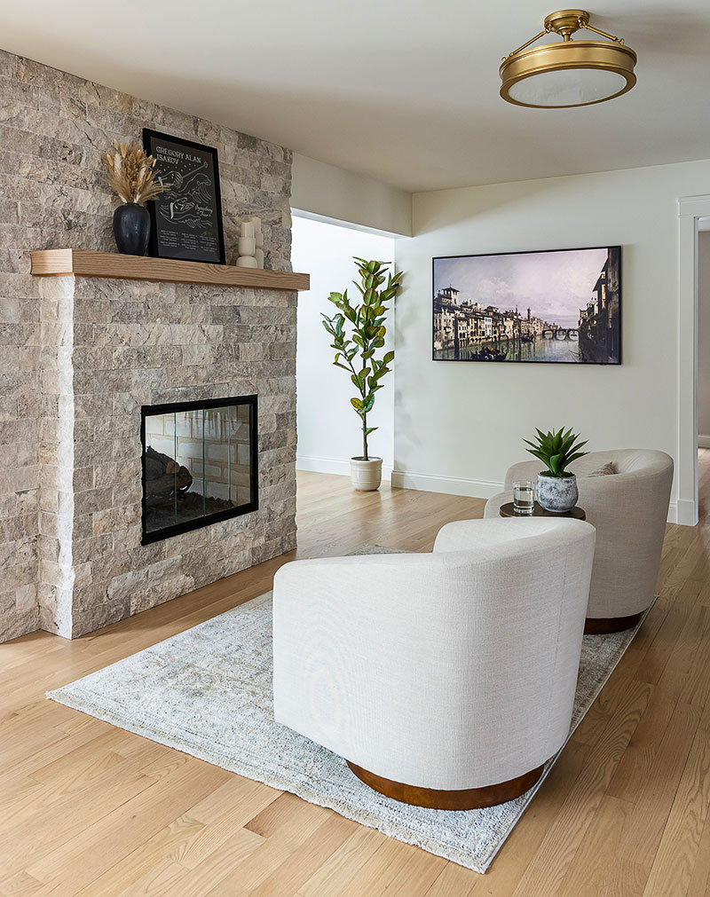 The sitting area next to the remodeled kitchen in the Naperville home