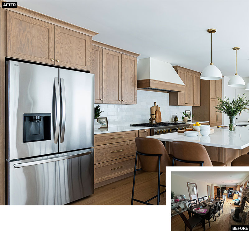 The kitchen's before photo, and the bright remodeled kitchen in a Naperville home, designed by Chad Esslinger of Esslinger Design Company