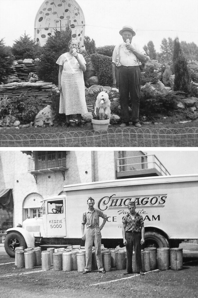 Vintage Rainbow Cone photos: An older couple enjoying ice cream; two men standing in front of "Chicago's Favorite Ice Cream" truck