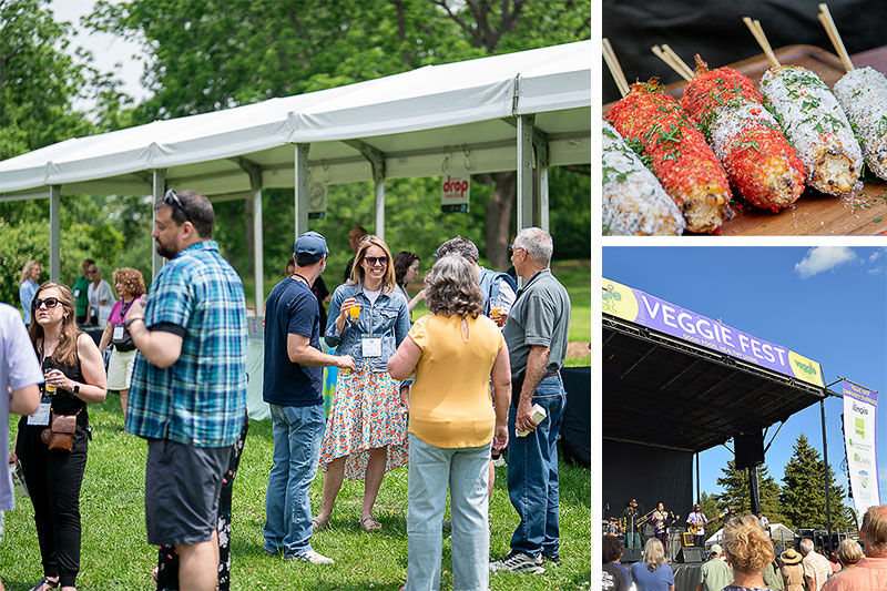 Clockwise from left: Blues, Brews, and BBQ at the Morton Arboretum; Tacoville Festival at Naper Settlement; and Veggie Fest.