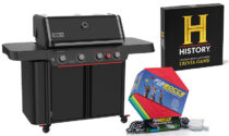 A Genesis E-430 Stealth Edition grill, the official History Channel trivia game, and Flabocce