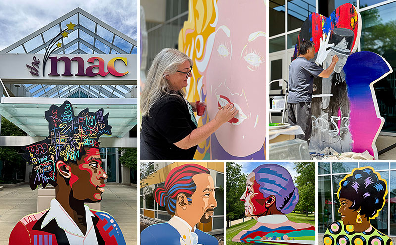 Clockwise from far left: Jean-Michel Basquiat, Judith Mayer paints Dolly Parton, Rich Lo paints Bob Fosse, Aretha Franklin, Georgia O’Keeffe, and Lin-Manuel Miranda