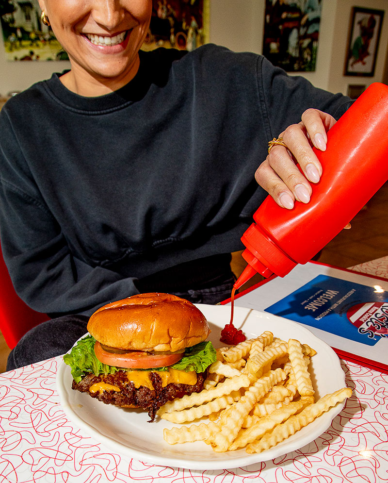 Rosie’s 100 percent grass-fed beef burger and fries