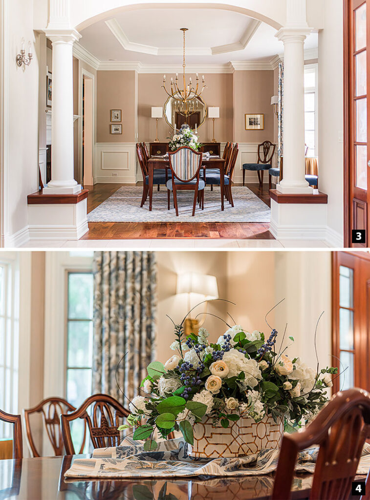 A wide shot of the dining room and dining room centerpiece in the Geneva home