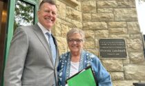 The First Congregational Church of Naperville, which was founded in 1833 and is the oldest in the county, became city’s first church to earn landmark status. Naperville Mayor Scott Wehrli (on left, with Vicki Keller, who initiated the landmarking process) made the formal declaration on May 31.