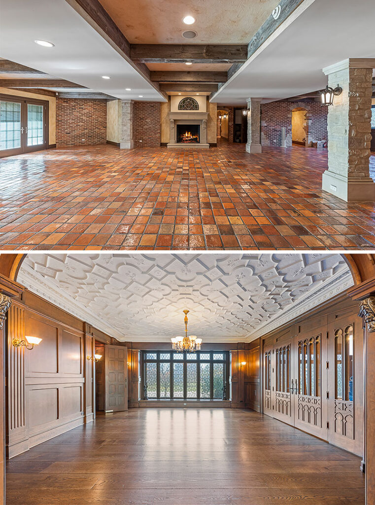 A room with a fireplace and stone floor, and a "ballroom" area inside the Naperville estate