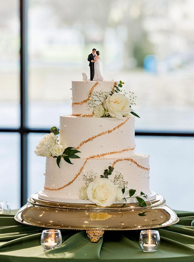 A three-tier wedding cake