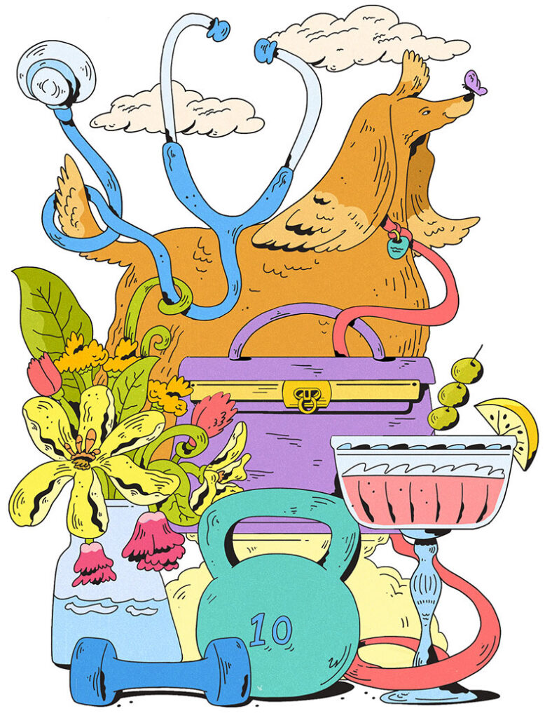 A colorful illustration of a dog with a butterfly on its nose, surrounded by a stethoscope, flowers, a handbag, a cocktail, a dumbbell, and a kettlebell