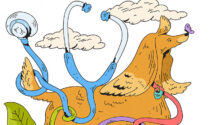 A colorful illustration of a dog with a butterfly on its nose, surrounded by a stethoscope