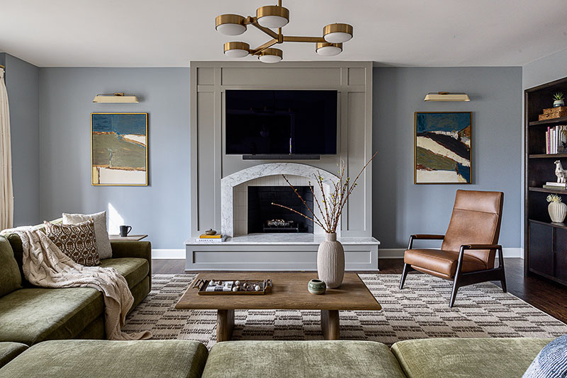 A wide shot of the family room in the remodeled Lemont home