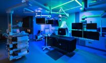A large room with medical equipment and several monitors lit with blue light at the Center for Advanced Endoscopy at Central DuPage Hospital in Winfield